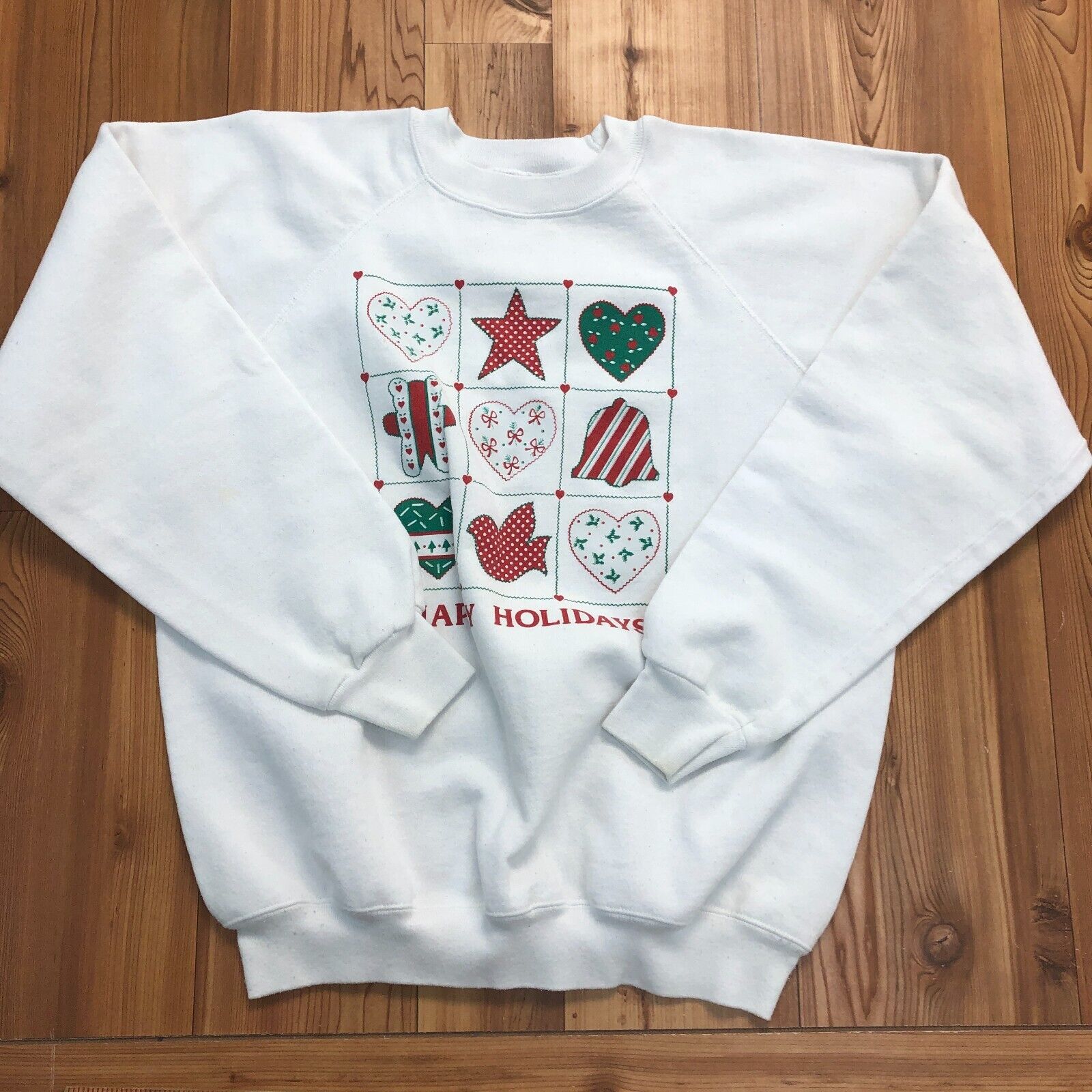 Vintage Hanes White Made In USA Long Sleeve Happy Holidays Sweatshirt Adult XL