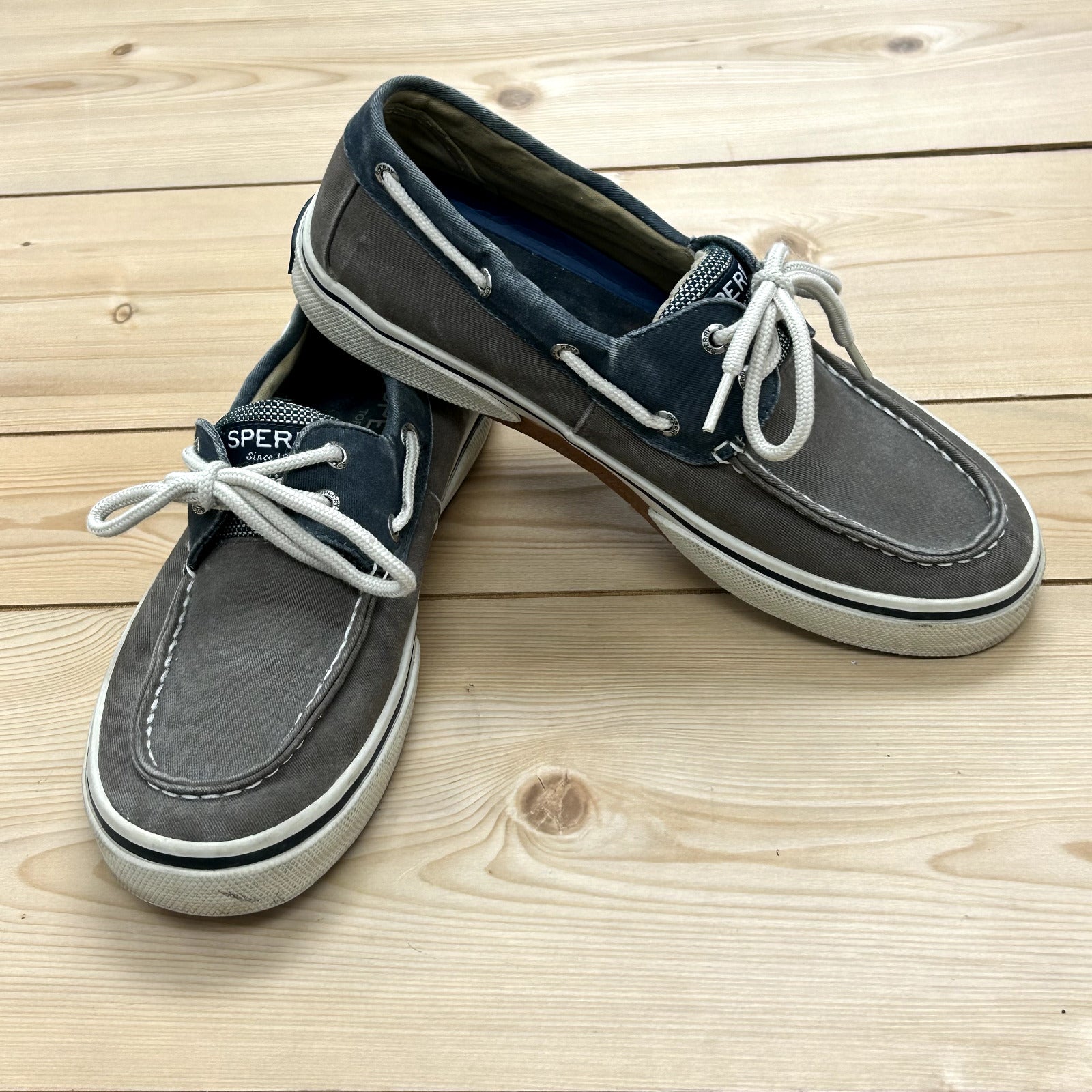 Sperry Halyard Boat Loafers Shoes Mens Size 9 M Gray Navy Slip on Laces STS13964