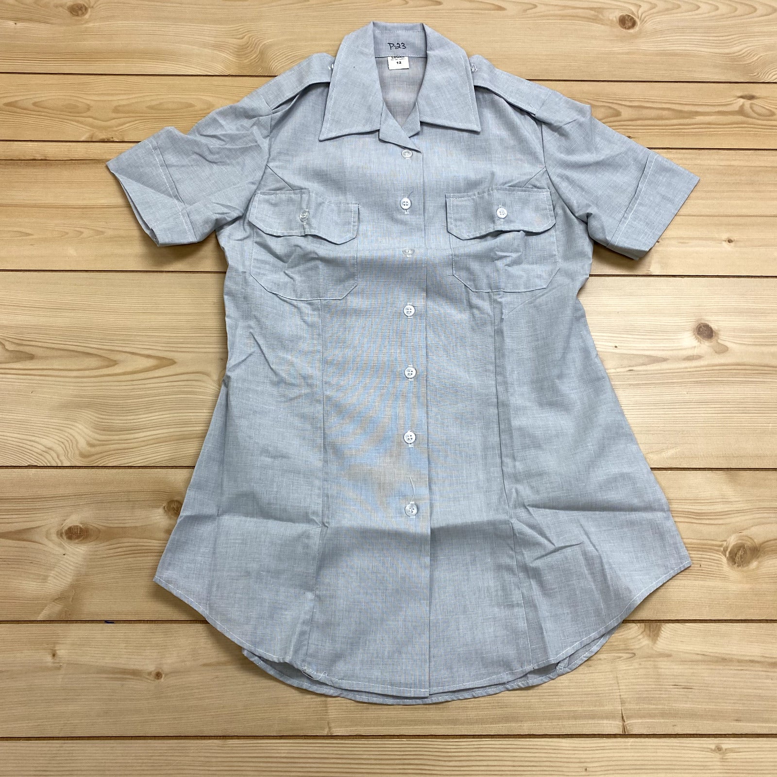 New USA Grey Short Sleeve Fitted Button Up  Military Academy Shirt Women Size 12
