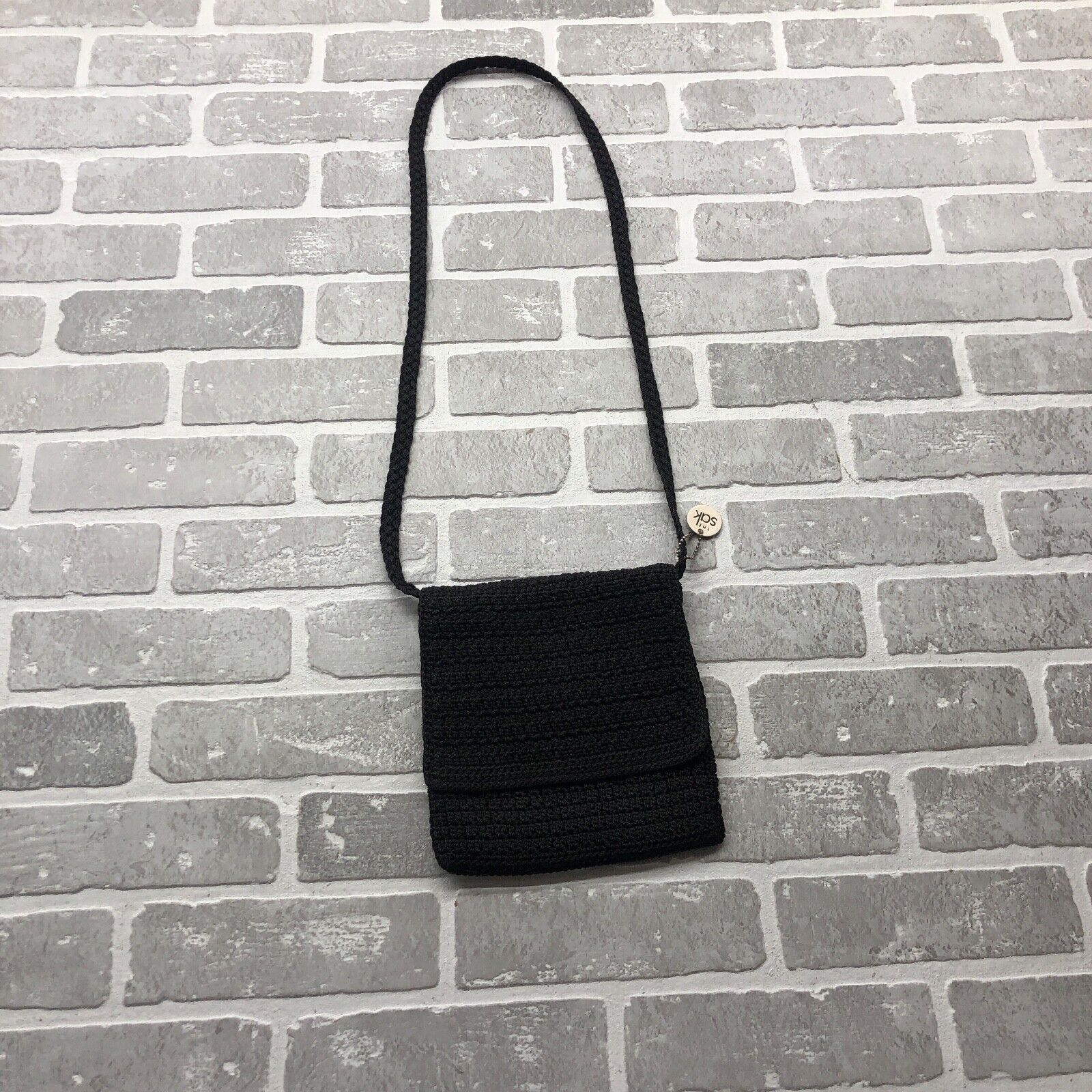 The Sake Black Solid Crochet Long Shoulder Bag Women's Size Rectangle Small
