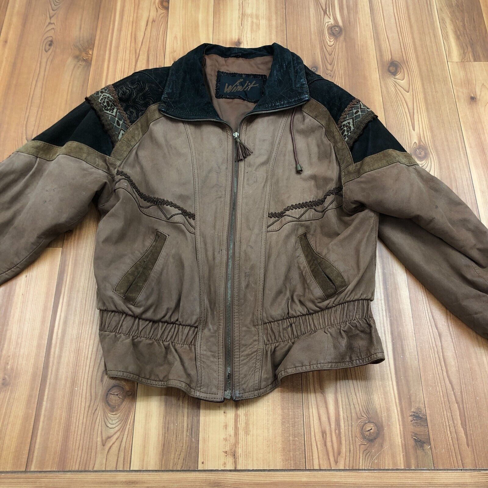 Vintage Winlit Brown With Black Paisley Shoulder Genuine Leather Biker Jacket S