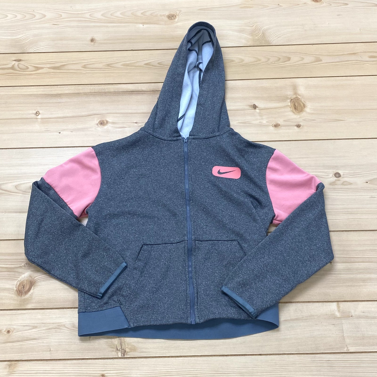 Nike Dri-Fit Pink Gray Long Sleeve Full Zip Hooded Basic Jacket Youth Size Large