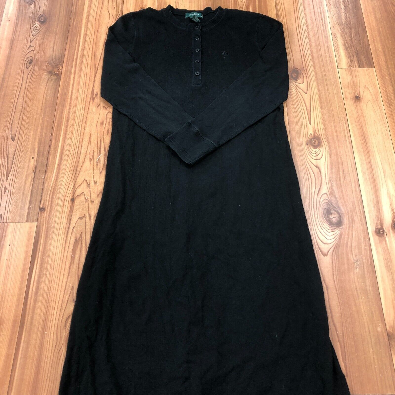 Lauren Ralph Lauren Black Long Sleeve Buttoned Long Pullover Dress Womens Size L