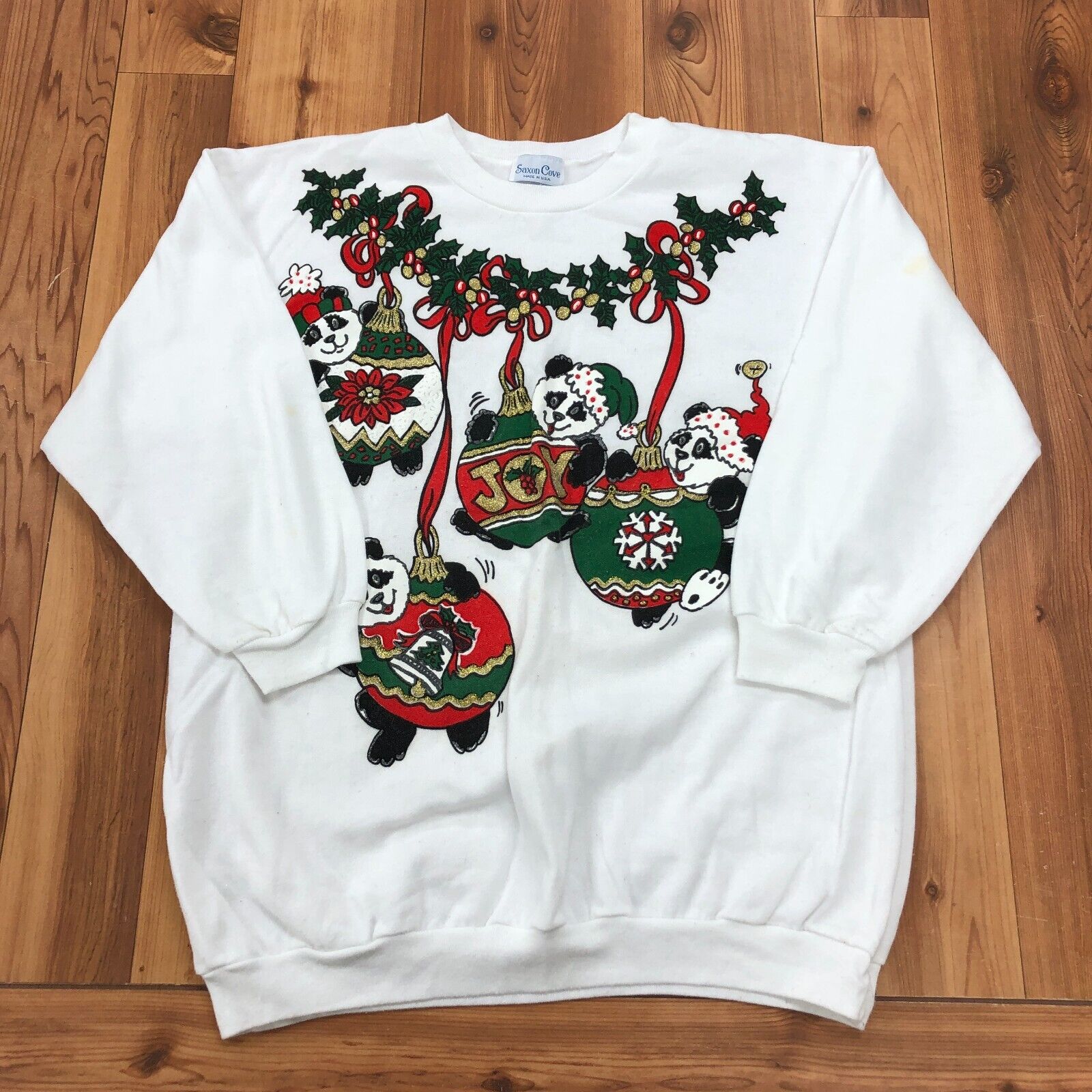 Vintage Saxon Cove White Christmas Panda Graphic Pullover Sweater Adult Size M