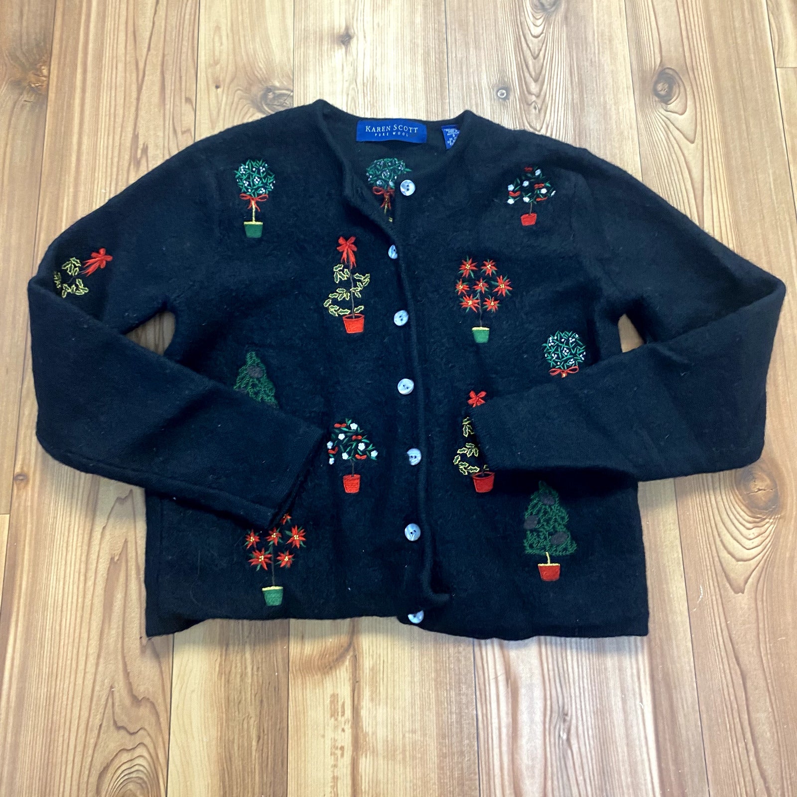 Karen Scott Black Button Up Long Sleeve Wool Holiday Cardigan Sweater Women's S